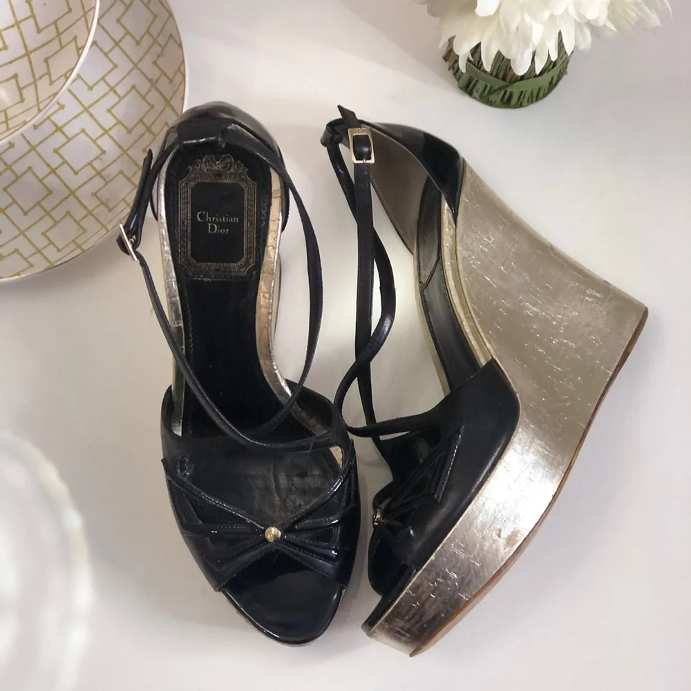 Dior Black Patent Leather Peep-Toe Wedge Sandals with Gold Stud